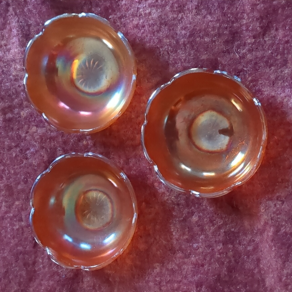 Vintage Marigold Carnival Glass bowls Crackle scalloped edge, three bowls.